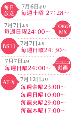 毎日放送 毎週土曜 27:28〜　TOKYOMX 毎週日曜24:00〜 BS11 毎週日曜24:30〜 ニコニコ動画