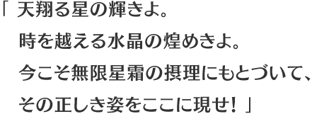 天翔る星の輝きよ。時を越える水晶の煌めきよ。今こそ無限星霜の摂理にもとづいて、その正しき姿をここに現せ！ 